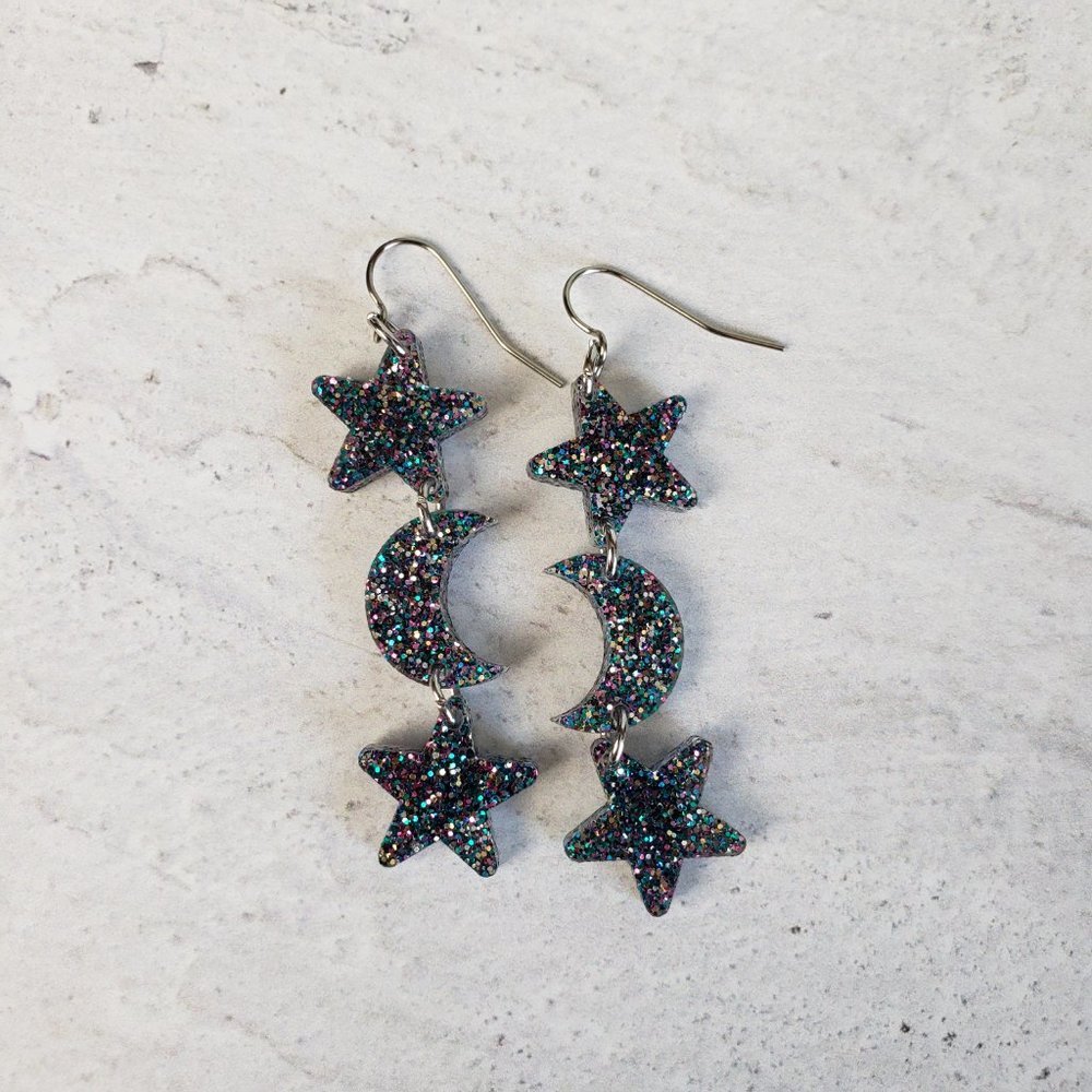 Star and Moon Dangle Earrings, Dark Gray Galaxy Holographic Glitter, Handmade